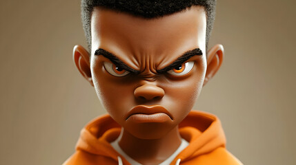 A stylized character with an angry expression, wearing an orange hoodie.