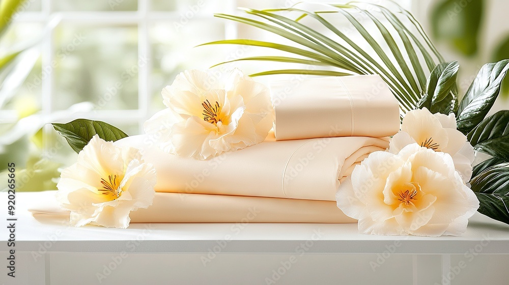 Poster a photo of a stack of paper on a desk with a bouquet in front of a window and a pot nearby