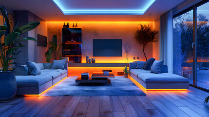 Home cinema, living room with colored LED lighting	
