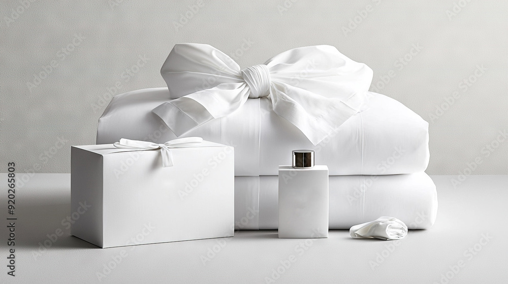 Poster a white box with a white bow on top, next to a white package with a white bow