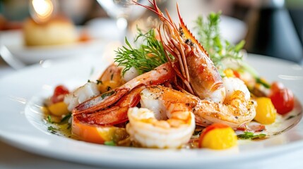 A gourmet seafood dish beautifully plated with garnishes, served at an upscale restaurant.