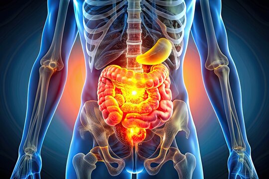 Illuminated 3D illustration of a painful intestinal fistula, showing abnormal connection between intestine and another organ or skin, with red inflammation and yellow pus.