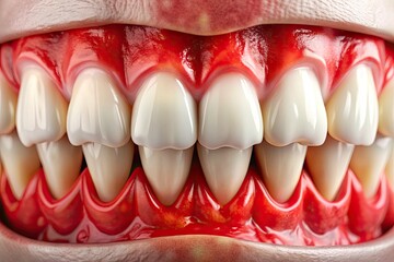 Close-up of inflamed gums, with bright red bleeding and swelling, illustrating the painful symptoms of gum disease or poor oral hygiene practices.