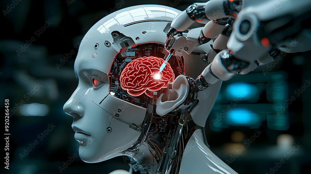 Poster a robotic head with a brain interface being installed, symbolizing advanced ai technology.