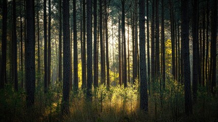 Obraz premium Sunlight Streaming Through Tall Pine Trees in a Forest