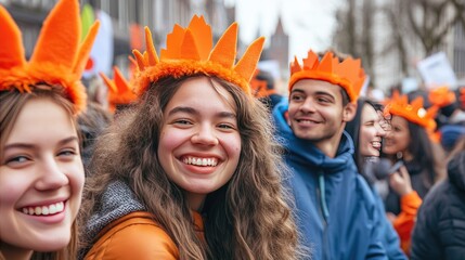 A group of people wearing orange crowns and smiling, gathered in a festive street party for Kings Day.