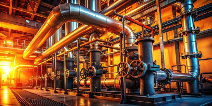 Vibrant orange hues illuminate a modern industrial platform with metallic pipes and valves, contrasted against a dark background, emphasizing machinery and manufacturing concepts.