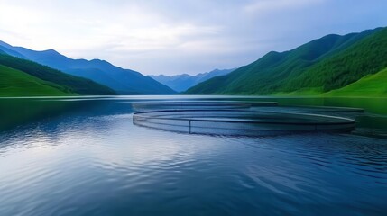 Obraz premium A serene view of a lake surrounded by lush green mountains under a cloudy sky, perfect for nature and landscape themes.