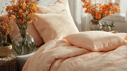   An image of a bed with multiple pillows and vases filled with flowers placed beside it and facing the window provides a relaxing and calming ambiance