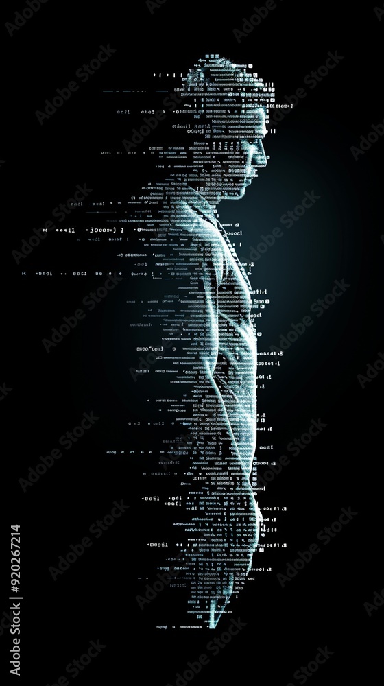 Poster futuristic digital body art composed of intricate ascii characters