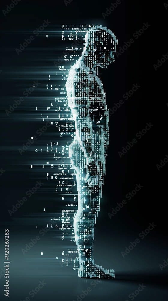Poster futuristic digital body art composed of intricate ascii characters