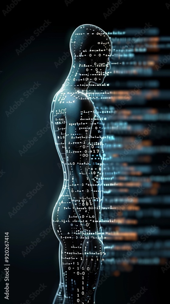 Poster futuristic digital binary body art with intricate ascii composition