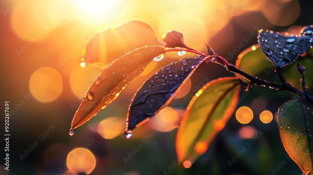 Canvas Prints  A tight shot of a tree branch adorned with water droplets, sun glowing behind