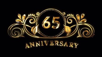 65th Anniversary Celebration. Happy 65 Years Anniversary Animation in Gold Color on the Transparent Background, Alpha Channel. Great for greetings, celebrations, events, and gifts.