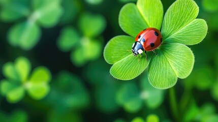 Image of A lucky image of a ladybug crawling on a four-leaf clover, with the clovers leaves in sharp focus. printed on Glass Photo Prints