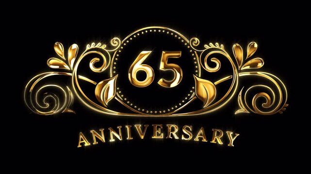 65th Anniversary Celebration. Happy 65 Years Anniversary Animation in Gold Color on the Transparent Background, Alpha Channel. Great for greetings, celebrations, events, and gifts.