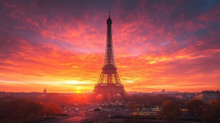 A magical view of the Eiffel Tower at sunset, with the sky ablaze in warm hues of orange and pink over Paris.
