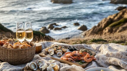 A luxurious seaside picnic with a blanket laid out, adorned with seafood dishes, wine, and a stunning ocean view.