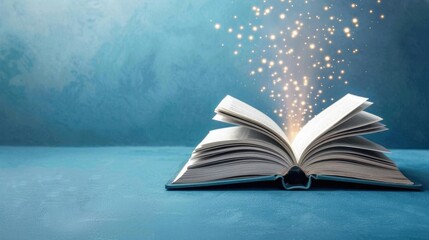 Enchanted book opening to reveal a glowing, magical world, magical book, fantasy story