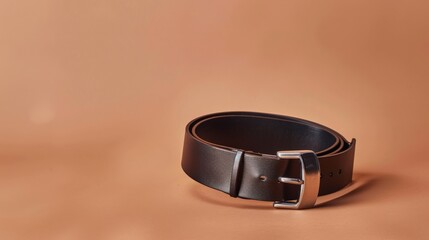 Black Leather Belt with Silver Buckle on a Brown Background