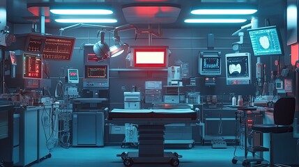 A modern operating room setup, featuring various surgical instruments and high-tech monitoring devices.