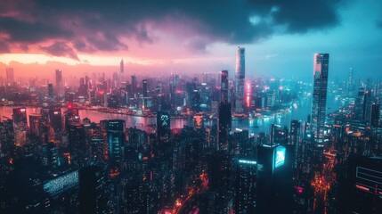 Obraz premium A panoramic view of a futuristic city, where bright lights and innovative architecture define the skyline.