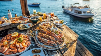 Obraz premium A mouthwatering seafood feast arranged on a rustic dock, with boats sailing peacefully in the distance.