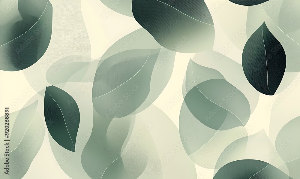 Poster seamless abstract with repetitive leaf motifs in green and grey