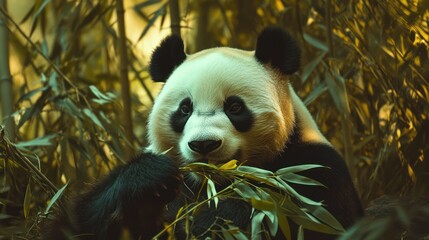 Obraz premium A panda bear in its natural habitat eating bamboo
