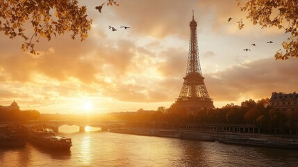 A picturesque sunset in Paris, with the Eiffel Tower bathed in golden light as the day fades into night.
