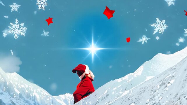 Santa Claus gazes upward with wonder in a snowy mountain landscape. Bright star shines above, snowflakes and red ornaments float in the air. Magical twilight atmosphere envelops the scene.	