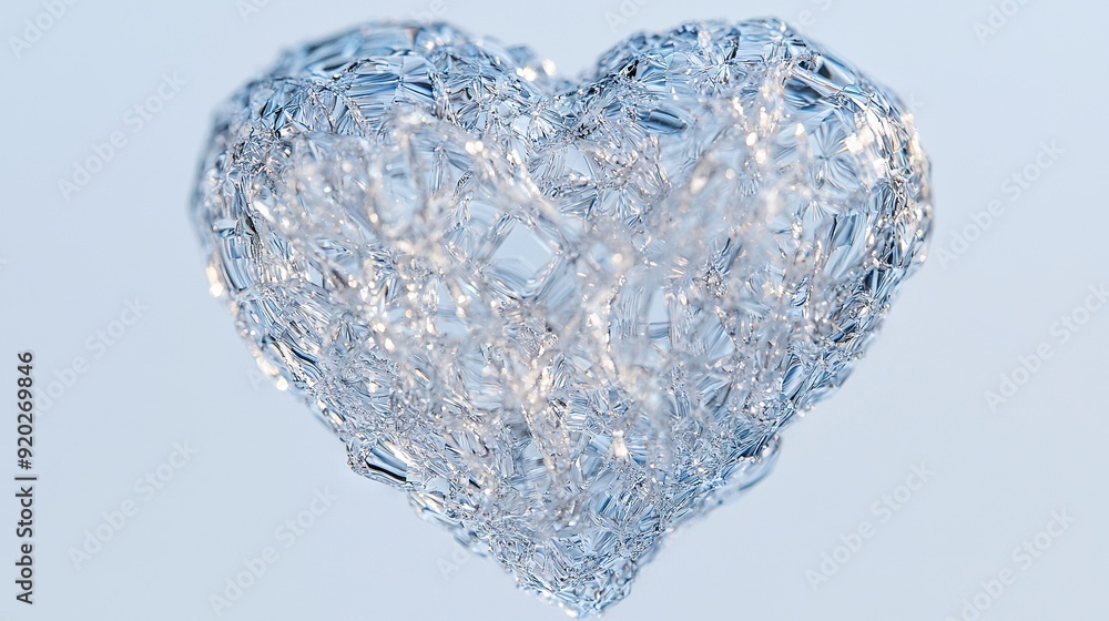 Poster a close-up heart-shaped object on a light blue background with a few bubbles in its center