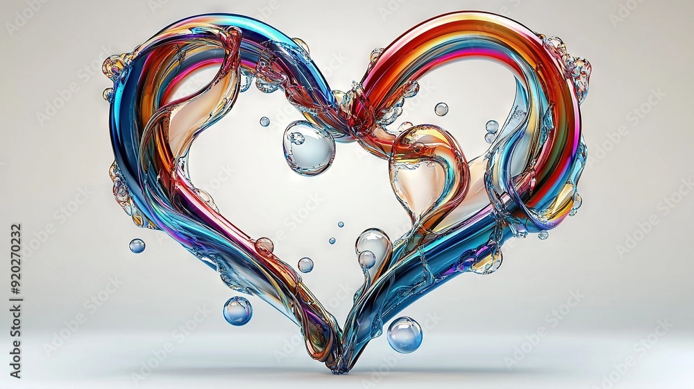Poster a heart-shaped object with water splashing out of the top and bottom, set against a white backdrop