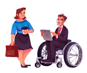 Diverse business people set isolated on white background. Vector cartoon illustration of woman with Down syndrome holding coffee cup, man in wheelchair using tablet, inclusion characters, equality