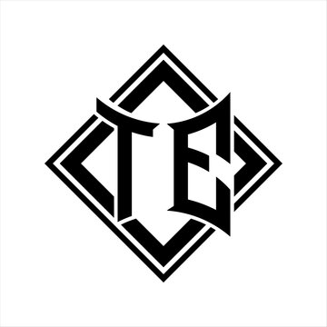 recommend clip art: TE Letter logo with abstract shield shape with square black outline on white background design