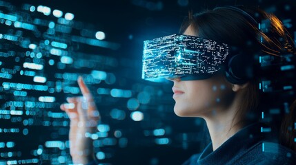 A woman uses a virtual reality headset, exploring a digital world filled with glowing data particles and interactive elements.
