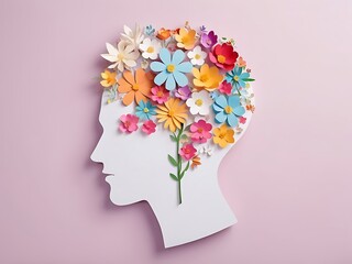 World mental health day concept. Paper human head symbol and flowers