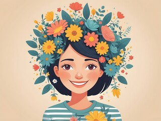 Happy girl having great mental health and positive mood. Tiny man watering flowers inside womans head. For psychology, genius, growth, development, intelligence concept