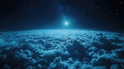 A serene aerial perspective of clouds at night, illuminated by the distant light of stars and the moon.