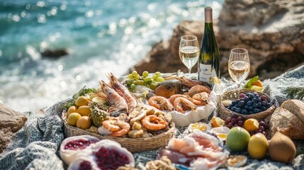 A serene picnic by the ocean, featuring a spread of seafood, wine, and fresh fruits on a blanket.