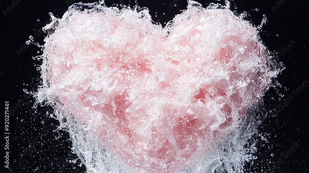 Poster a heart-shaped object with water splashing from its sides on a black background with a white border