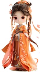 Obraz premium Adorable 3D character of a beautiful woman in traditional Hanfu, set against a white background, showcasing her Asian heritage. This charming design captures the playful essence of cultural attire, ma