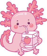 Illustration of cute axolotl activities icon.
Funny pink axolotl in daily routine stickers.
