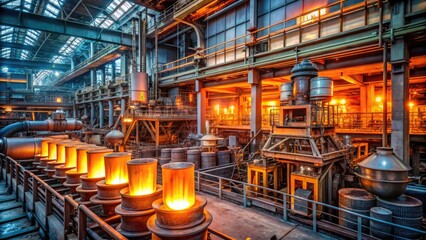 Obraz premium Industrial machinery and furnaces glow orange amidst rows of molten glass containers and pipes in a bustling manufacturing facility at dusk.