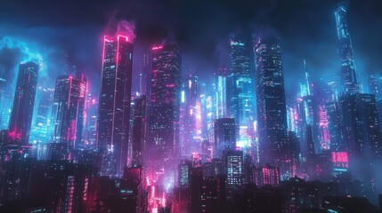 Fototapeta premium A stunning night view of a futuristic cityscape illuminated by neon lights and glowing skyscrapers.