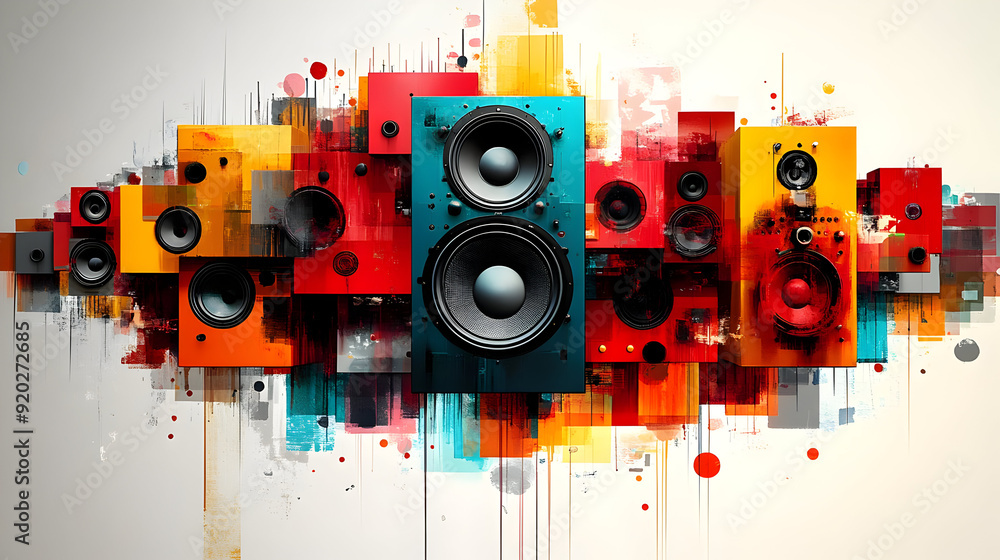 Poster a vibrant abstract design featuring colorful speaker elements and sound waves.