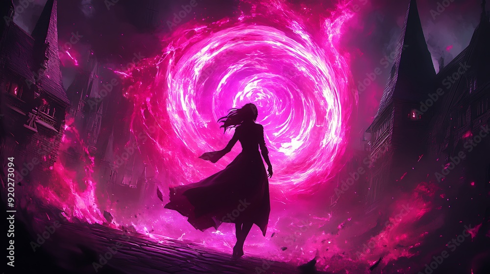 Canvas Prints Silhouette of a Woman Facing a Pink Portal in a Dark City.