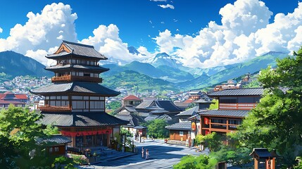 Obraz premium Traditional Japanese Architecture in a Mountainous Setting.