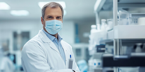 A medical researcher in a mask standing in a lab with arms crossed, symbolizing medical research and authority.