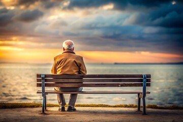 Fototapeta premium Man Contemplating Sunset From Bench.